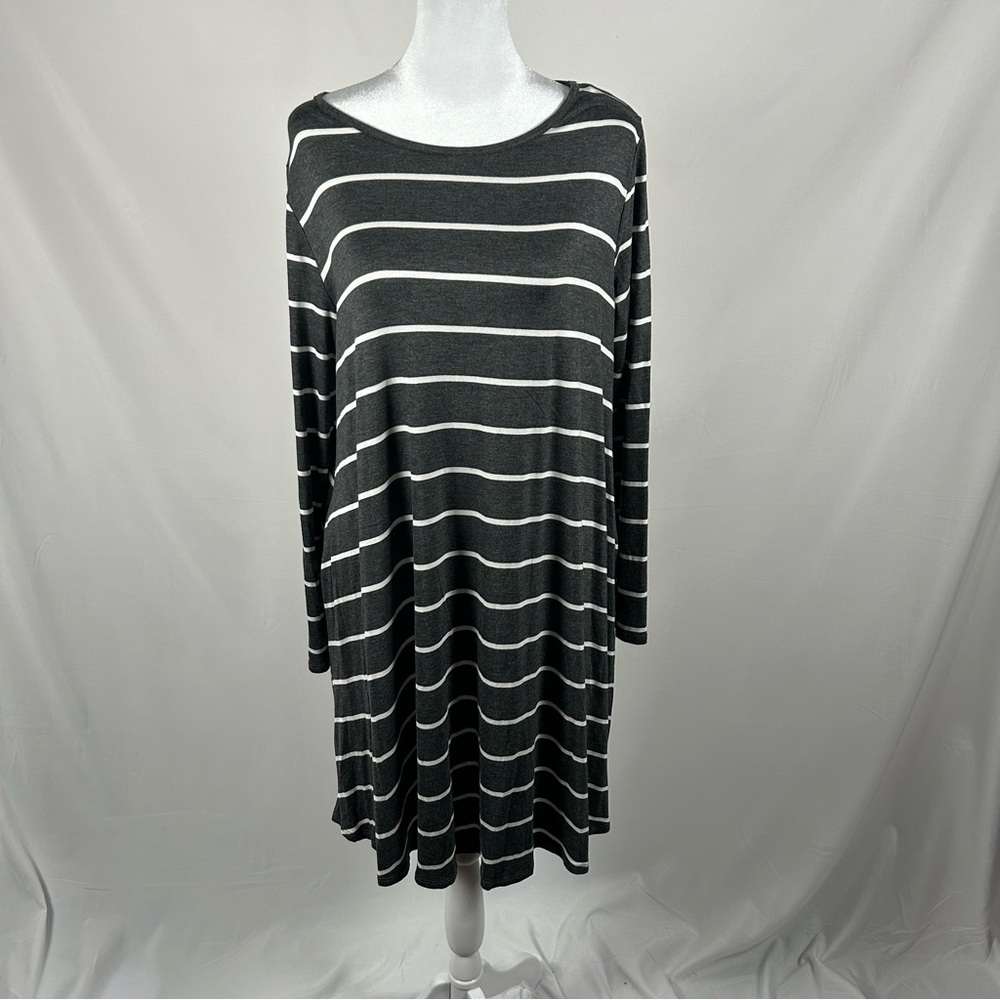 Bombom Gray White Striped Long Sleeve Stretch Dress Size Large
